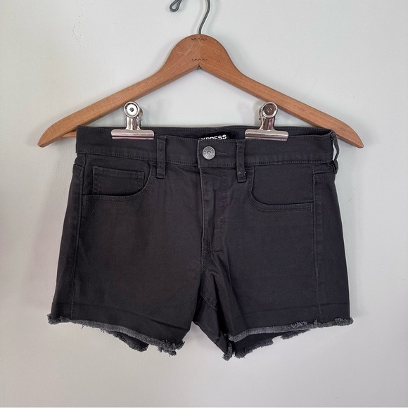 Express Mid Rise Shortie Charcoal Stretch Frayed Hem Shorts Size 4 - Picture 1 of 8